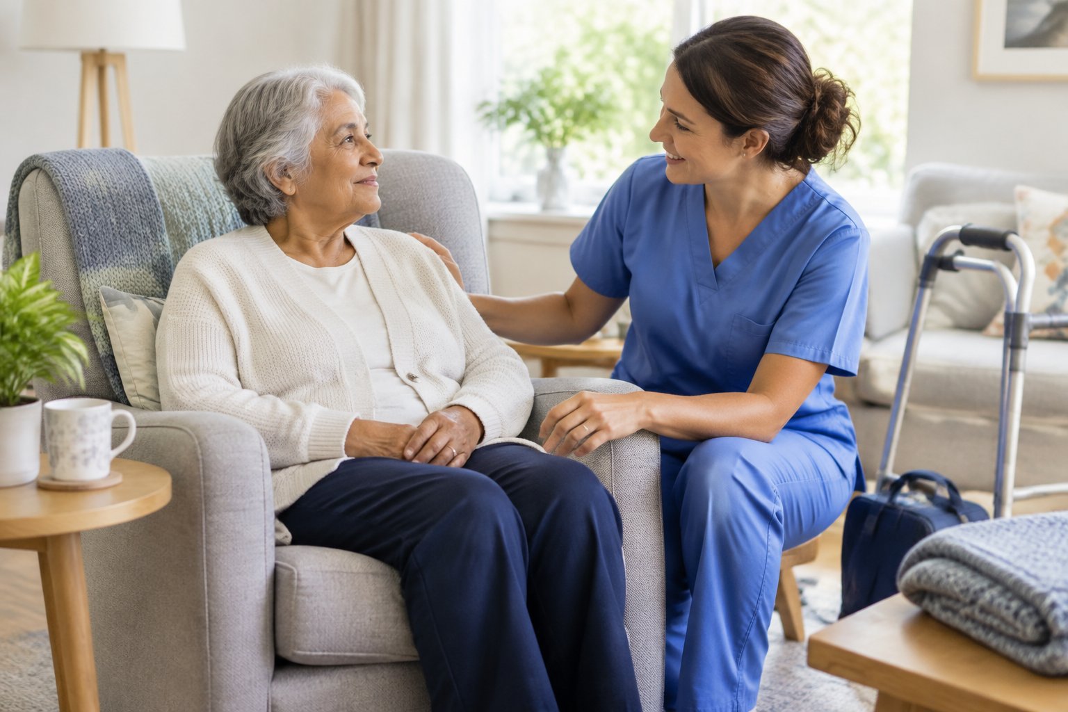 Eine Pflegekraft unterstützt eine ältere Person nach dem Krankenhausaufenthalt in deren Zuhause.