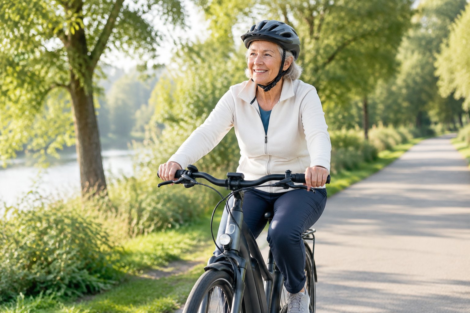 Eine ältere Person fährt mit einem Fahrrad auf einem Weg im Park.